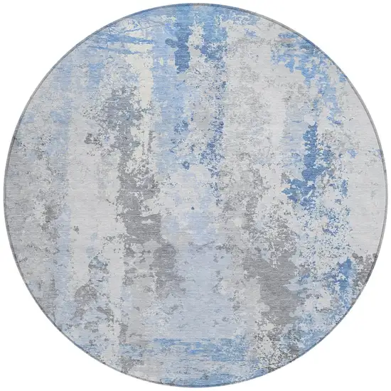 8' Sky Blue And Ivory Round Abstract Washable Indoor Outdoor Area Rug Photo 3