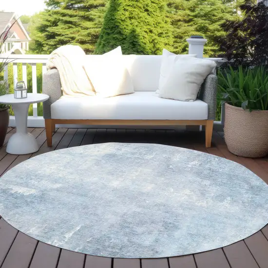 8' Sky Blue And Ivory Round Abstract Washable Indoor Outdoor Area Rug Photo 5