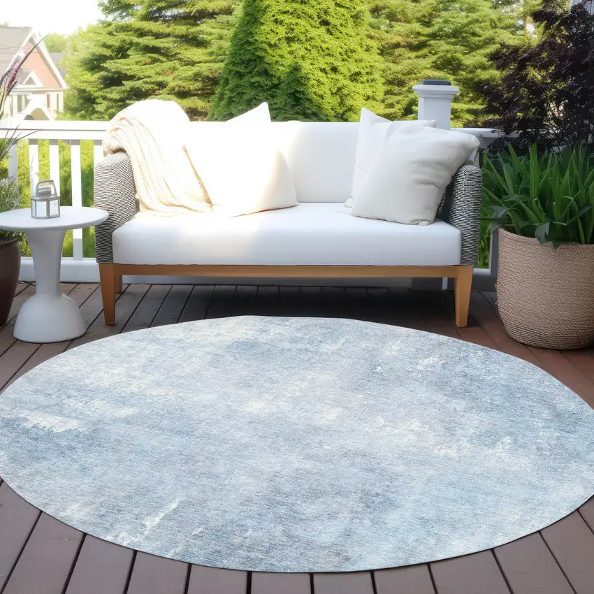 8' Sky Blue And Ivory Round Abstract Washable Indoor Outdoor Area Rug Photo 5