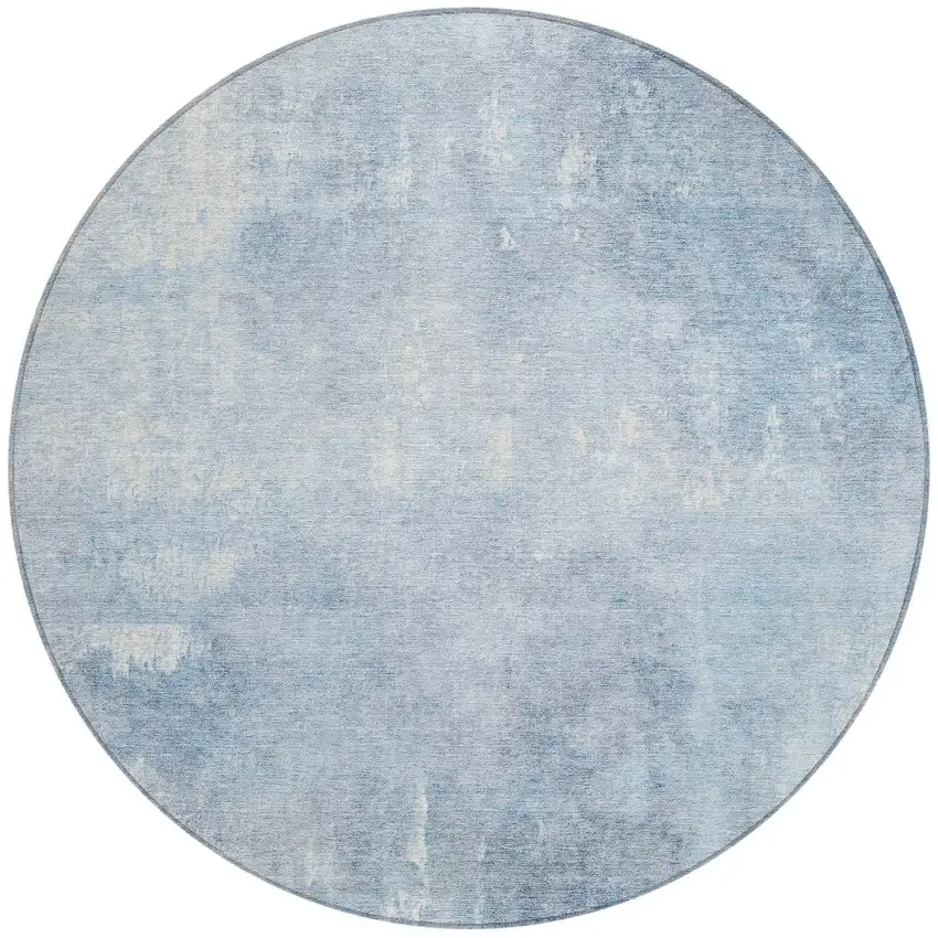 8' Sky Blue And Ivory Round Abstract Washable Indoor Outdoor Area Rug Photo 3