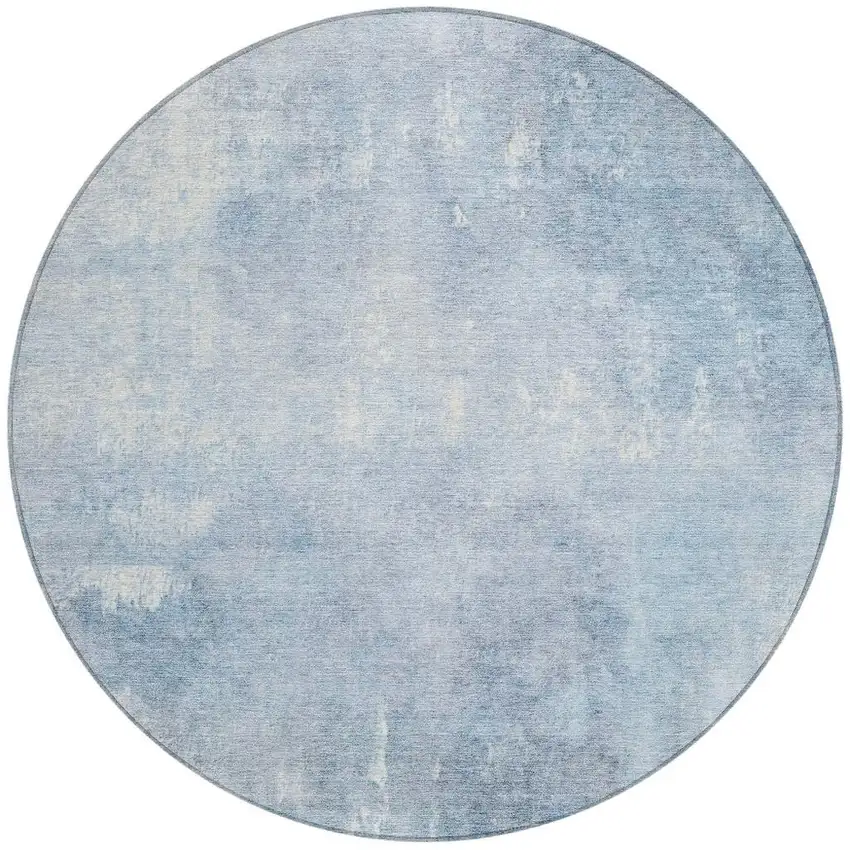 8' Sky Blue And Ivory Round Abstract Washable Indoor Outdoor Area Rug Photo 4