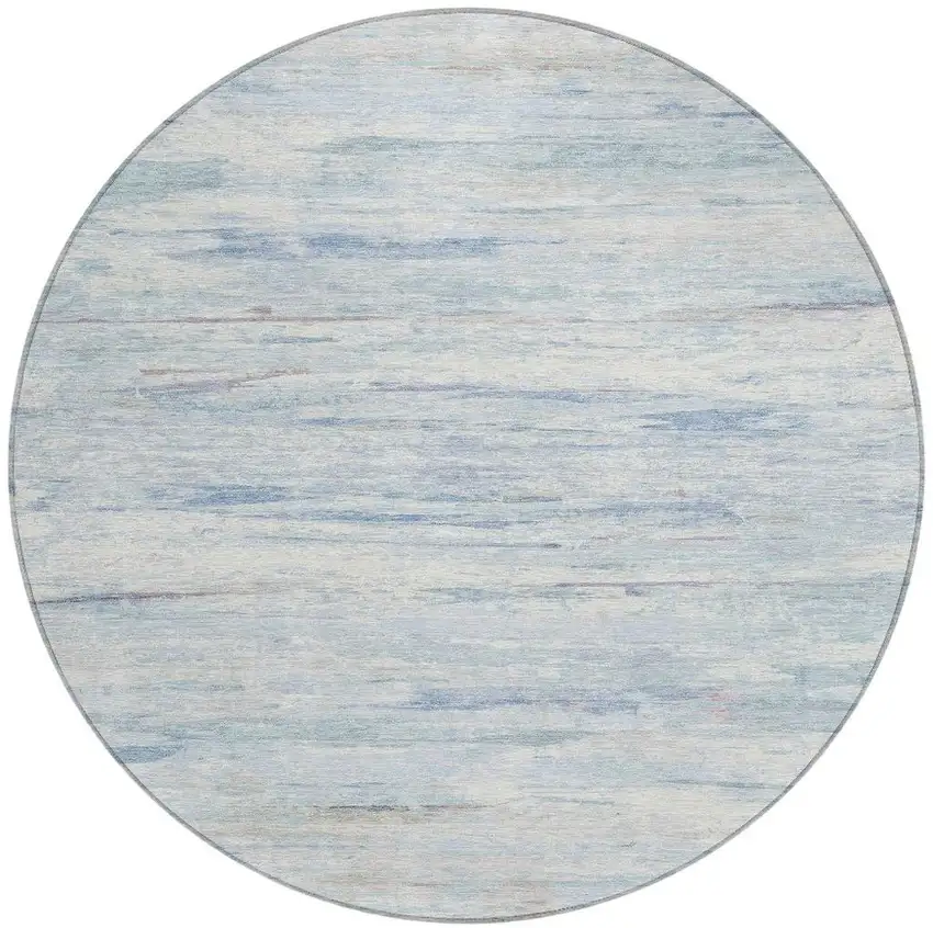 8' Sky Blue And Ivory Round Abstract Washable Indoor Outdoor Area Rug Photo 3