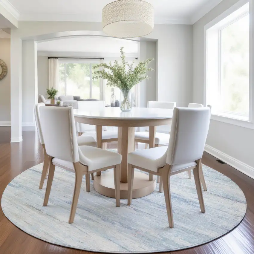 8' Sky Blue And Ivory Round Abstract Washable Indoor Outdoor Area Rug Photo 6