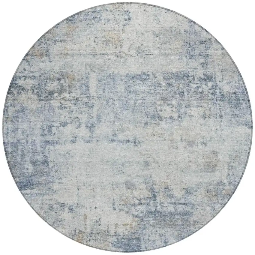 8' Sky Blue And Ivory Round Abstract Washable Indoor Outdoor Area Rug Photo 2