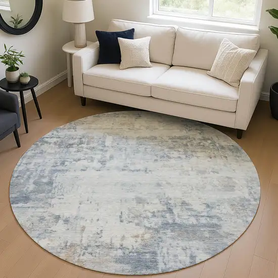 8' Sky Blue And Ivory Round Abstract Washable Indoor Outdoor Area Rug Photo 5