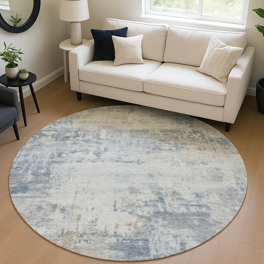 8' Sky Blue And Ivory Round Abstract Washable Indoor Outdoor Area Rug Photo 5