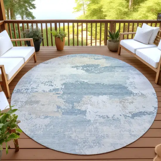 8' Sky Blue And Ivory Round Abstract Washable Indoor Outdoor Area Rug Photo 4