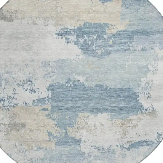 8' Sky Blue And Ivory Round Abstract Washable Indoor Outdoor Area Rug Photo 2