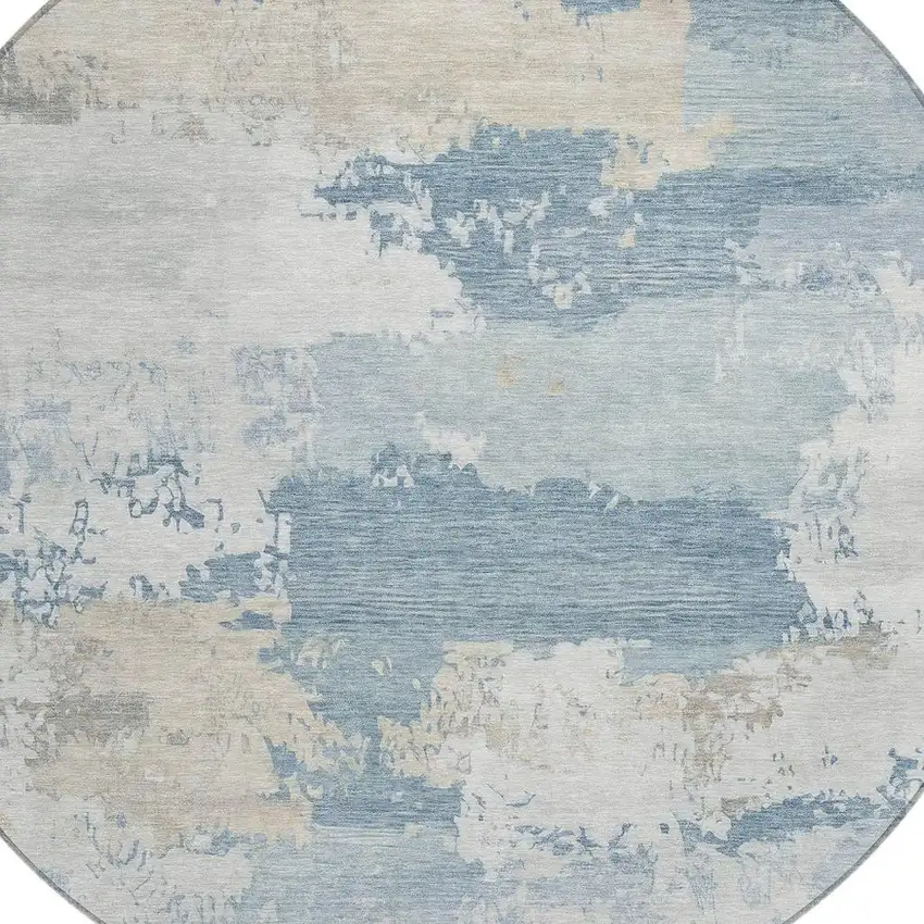 8' Sky Blue And Ivory Round Abstract Washable Indoor Outdoor Area Rug Photo 2