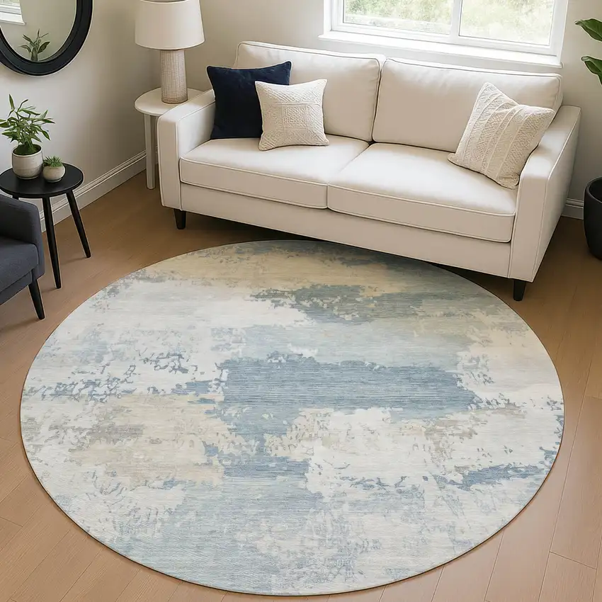 8' Sky Blue And Ivory Round Abstract Washable Indoor Outdoor Area Rug Photo 5