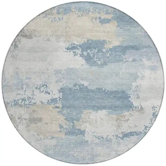 8' Sky Blue And Ivory Round Abstract Washable Indoor Outdoor Area Rug Photo 3