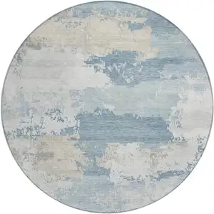 Photo of 8' Sky Blue And Ivory Round Abstract Washable Indoor Outdoor Area Rug