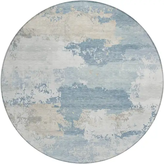 8' Sky Blue And Ivory Round Abstract Washable Indoor Outdoor Area Rug Photo 1