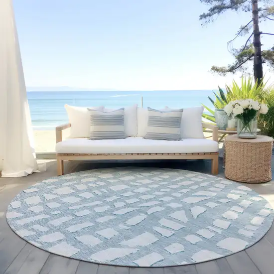 8' Sky Blue And Ivory Round Abstract Washable Indoor Outdoor Area Rug Photo 6