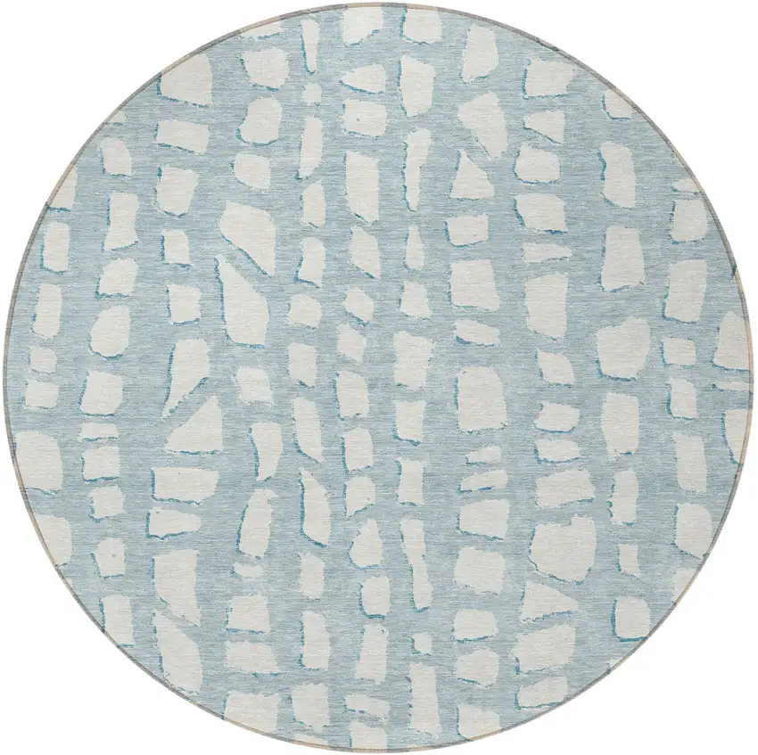 8' Sky Blue And Ivory Round Abstract Washable Indoor Outdoor Area Rug Photo 5