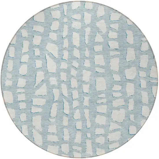 8' Sky Blue And Ivory Round Abstract Washable Indoor Outdoor Area Rug Photo 5