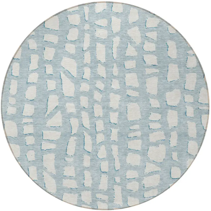 8' Sky Blue And Ivory Round Abstract Washable Indoor Outdoor Area Rug Photo 5