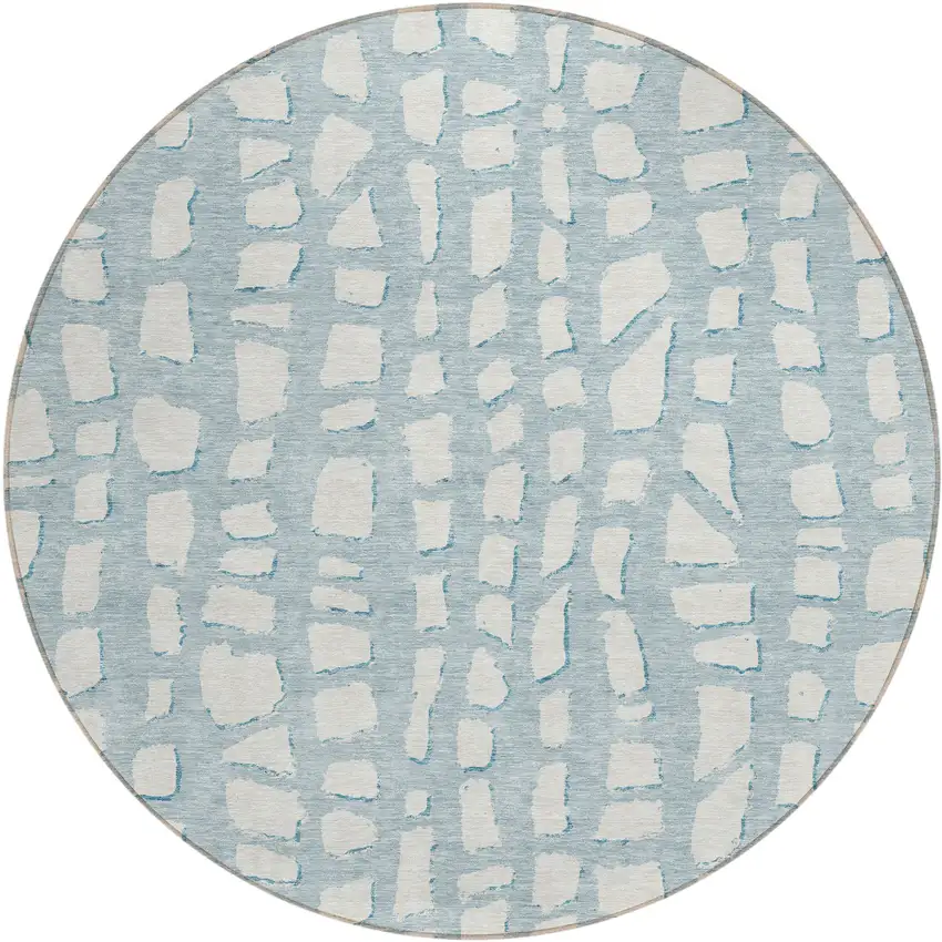 8' Sky Blue And Ivory Round Abstract Washable Indoor Outdoor Area Rug Photo 2