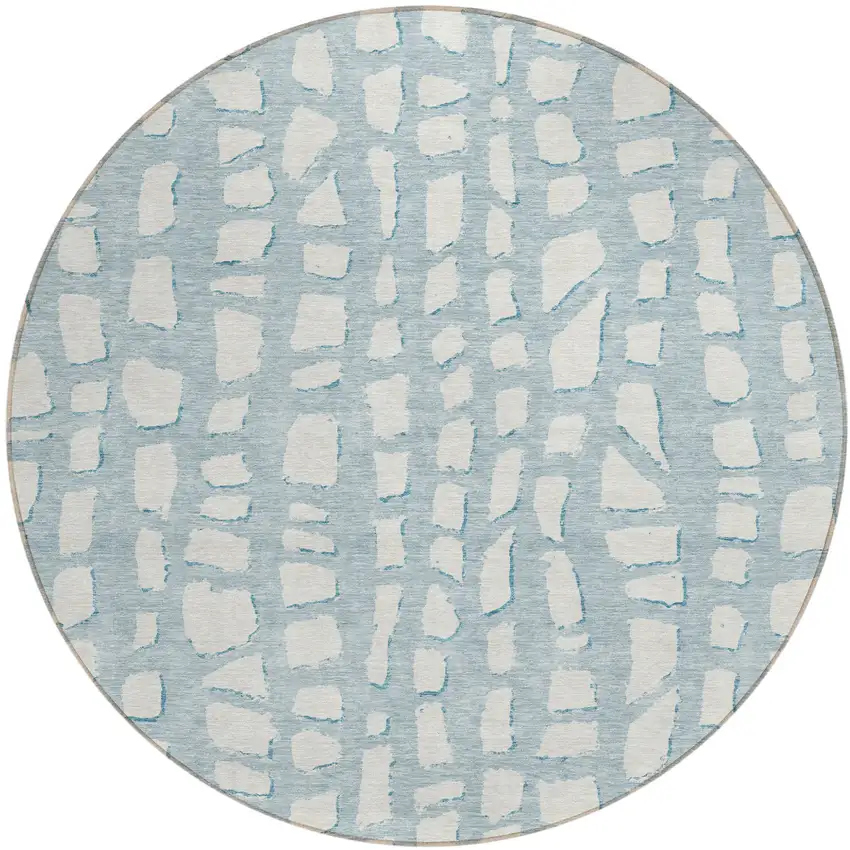 8' Sky Blue And Ivory Round Abstract Washable Indoor Outdoor Area Rug Photo 2
