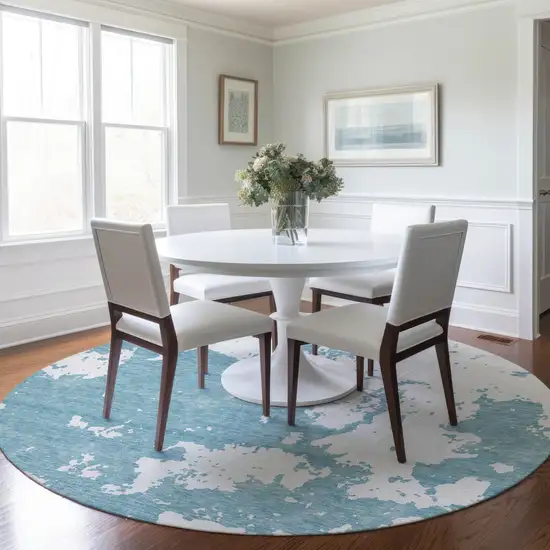 8' Sky Blue And Ivory Round Abstract Washable Indoor Outdoor Area Rug Photo 7