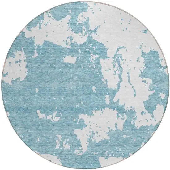 8' Sky Blue And Ivory Round Abstract Washable Indoor Outdoor Area Rug Photo 2