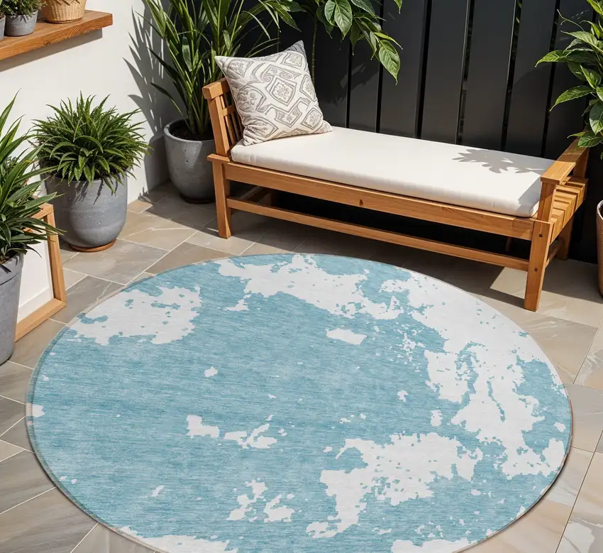 8' Sky Blue And Ivory Round Abstract Washable Indoor Outdoor Area Rug Photo 1