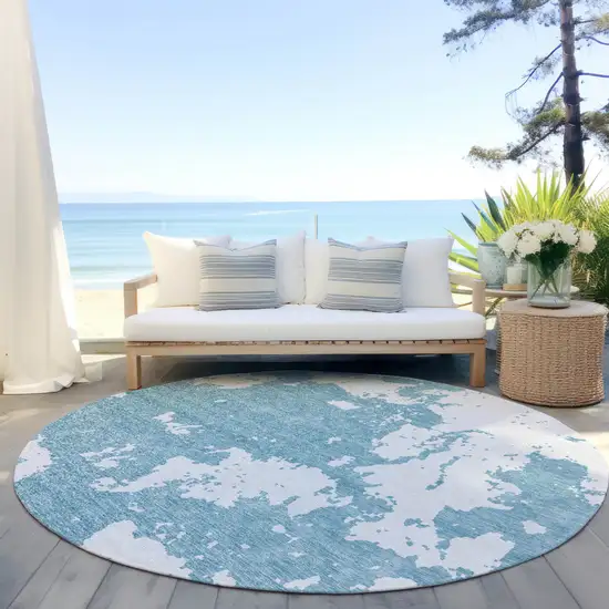 8' Sky Blue And Ivory Round Abstract Washable Indoor Outdoor Area Rug Photo 6