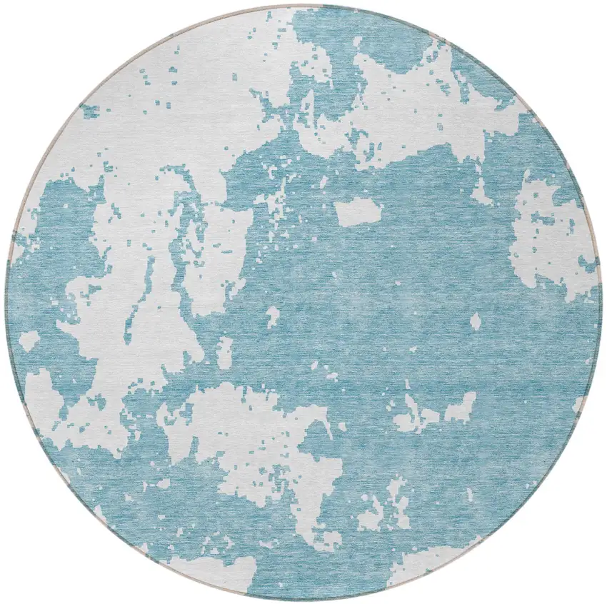 8' Sky Blue And Ivory Round Abstract Washable Indoor Outdoor Area Rug Photo 5