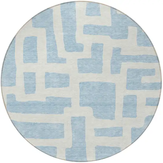 8' Sky Blue And Ivory Round Abstract Washable Indoor Outdoor Area Rug Photo 4