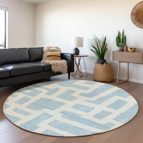 8' Sky Blue And Ivory Round Abstract Washable Indoor Outdoor Area Rug Photo 6