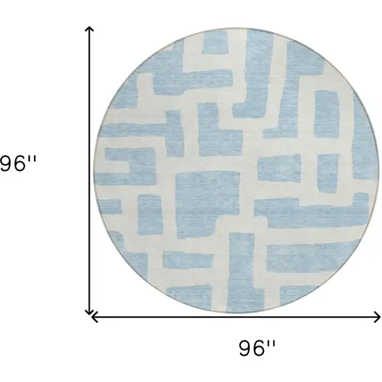 8' Sky Blue And Ivory Round Abstract Washable Indoor Outdoor Area Rug Photo 3