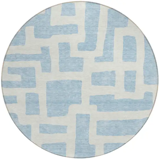 8' Sky Blue And Ivory Round Abstract Washable Indoor Outdoor Area Rug Photo 2