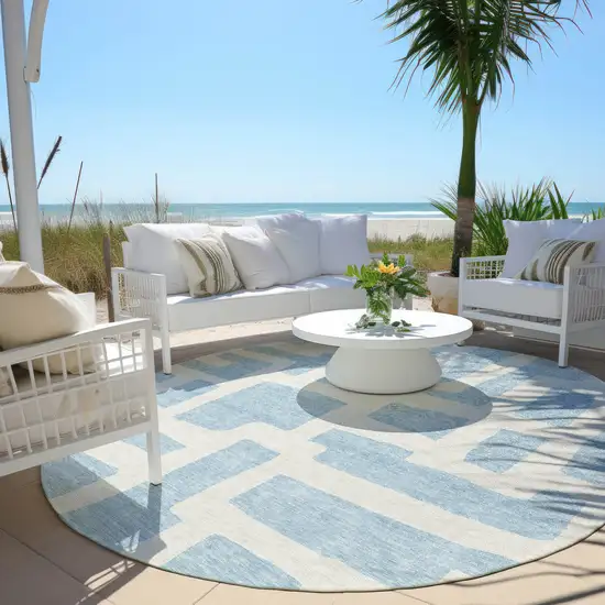 8' Sky Blue And Ivory Round Abstract Washable Indoor Outdoor Area Rug Photo 5