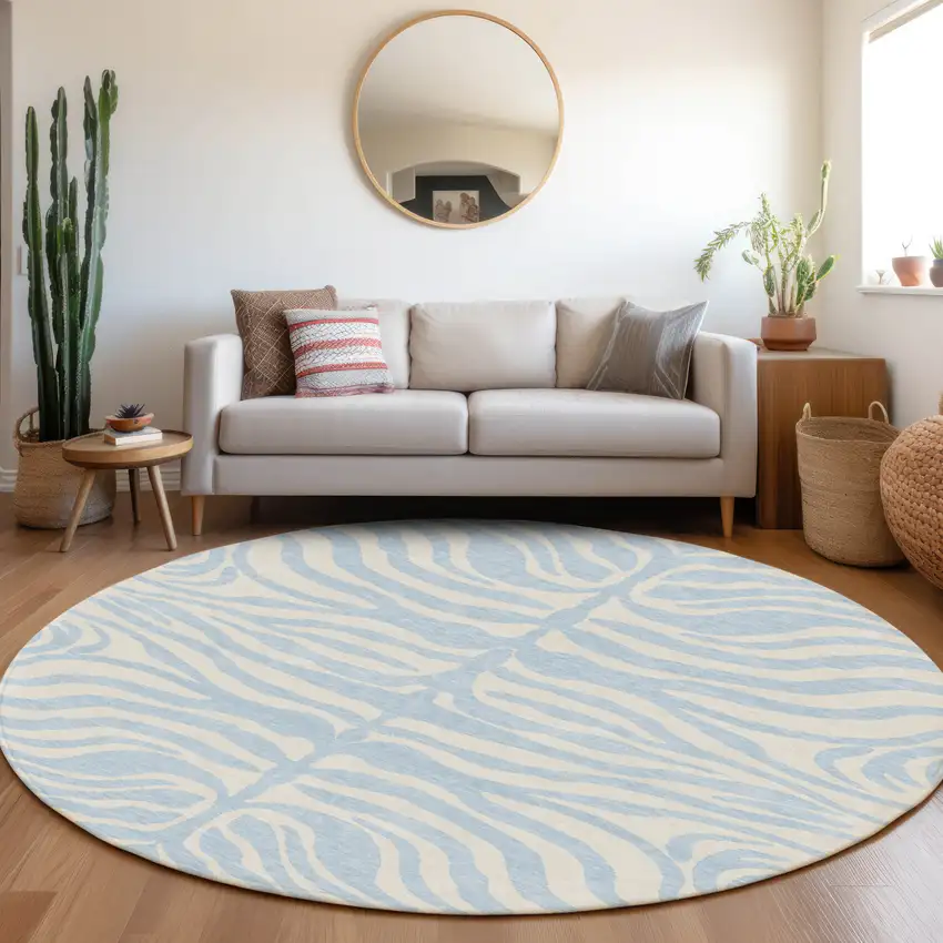 8' Sky Blue And Ivory Round Animal Print Washable Indoor Outdoor Area Rug Photo 8