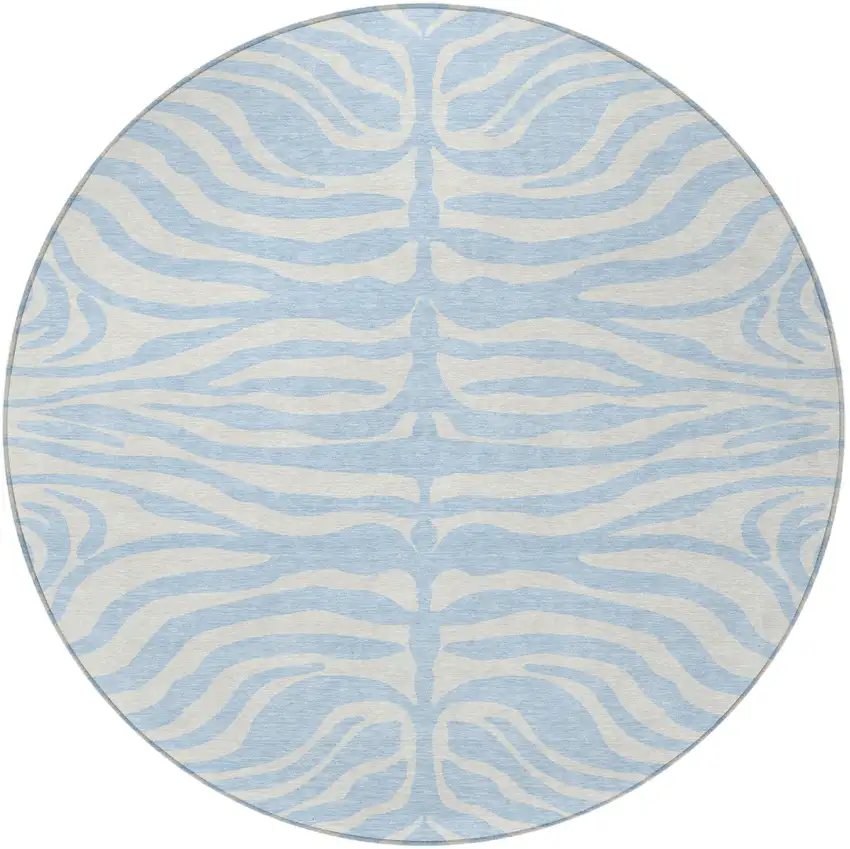 8' Sky Blue And Ivory Round Animal Print Washable Indoor Outdoor Area Rug Photo 3
