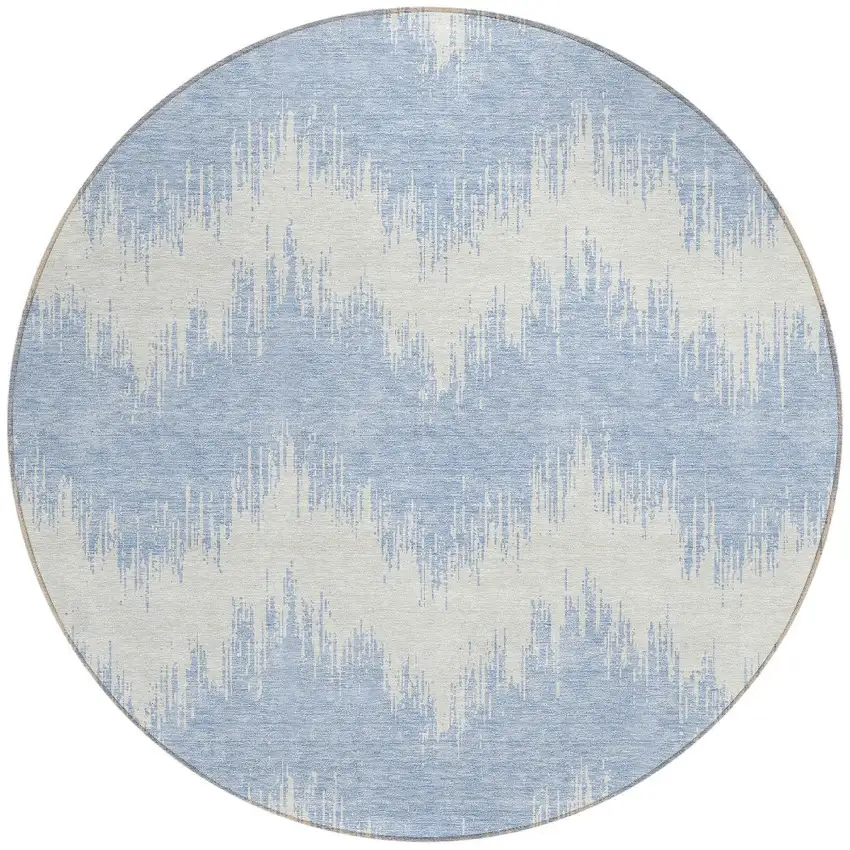 8' Sky Blue And Ivory Round Chevron Washable Indoor Outdoor Area Rug Photo 5