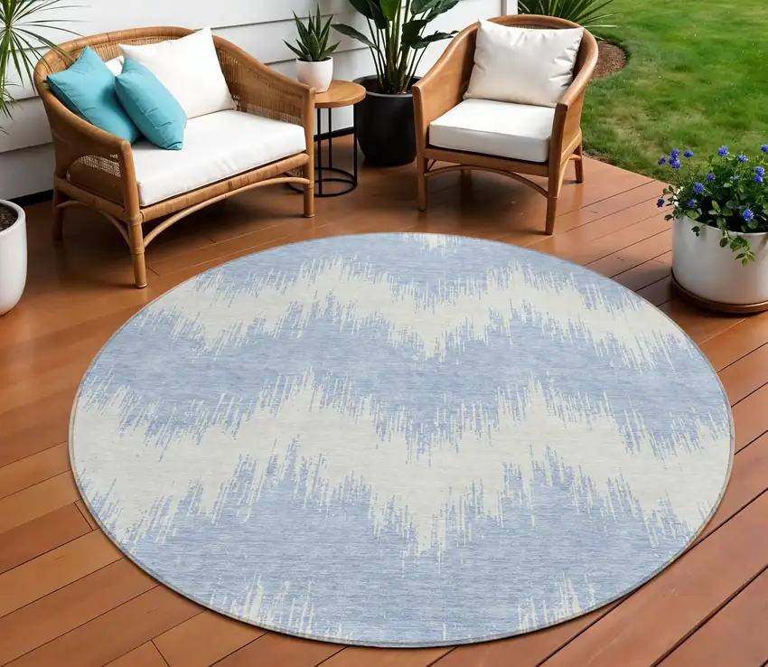 8' Sky Blue And Ivory Round Chevron Washable Indoor Outdoor Area Rug Photo 1