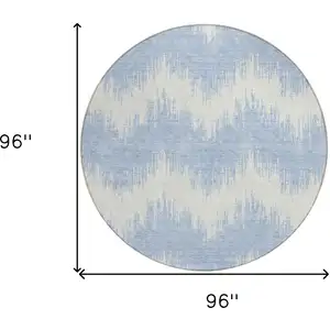 Photo of 8' Sky Blue And Ivory Round Chevron Washable Indoor Outdoor Area Rug