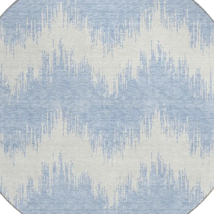 8' Sky Blue And Ivory Round Chevron Washable Indoor Outdoor Area Rug Photo 4