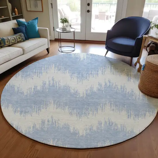 8' Sky Blue And Ivory Round Chevron Washable Indoor Outdoor Area Rug Photo 7