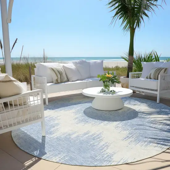 8' Sky Blue And Ivory Round Chevron Washable Indoor Outdoor Area Rug Photo 6