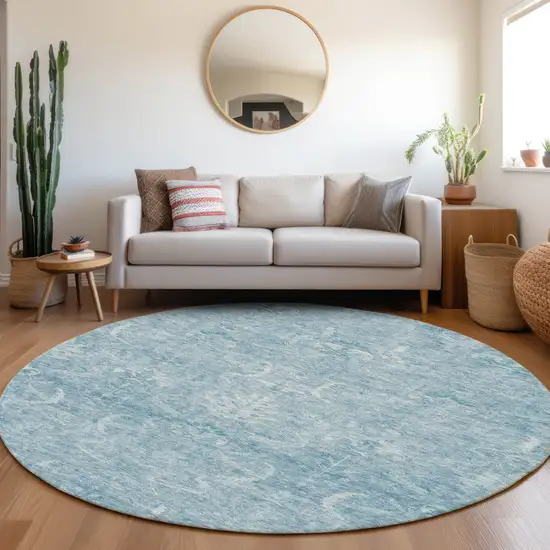 8' Sky Blue And Ivory Round Damask Washable Indoor Outdoor Area Rug Photo 7