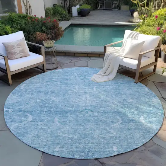 8' Sky Blue And Ivory Round Damask Washable Indoor Outdoor Area Rug Photo 6
