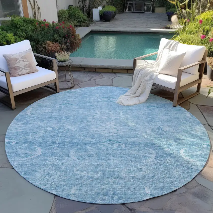 8' Sky Blue And Ivory Round Damask Washable Indoor Outdoor Area Rug Photo 6