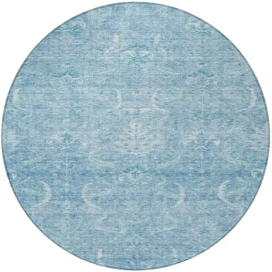 8' Sky Blue And Ivory Round Damask Washable Indoor Outdoor Area Rug Photo 5