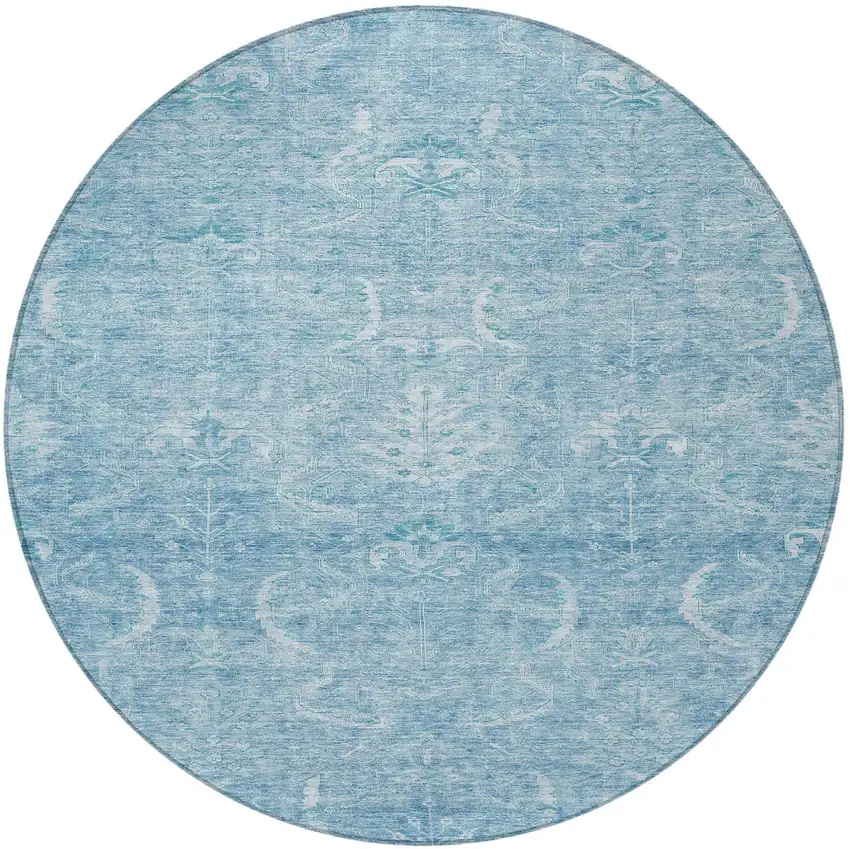 8' Sky Blue And Ivory Round Damask Washable Indoor Outdoor Area Rug Photo 5