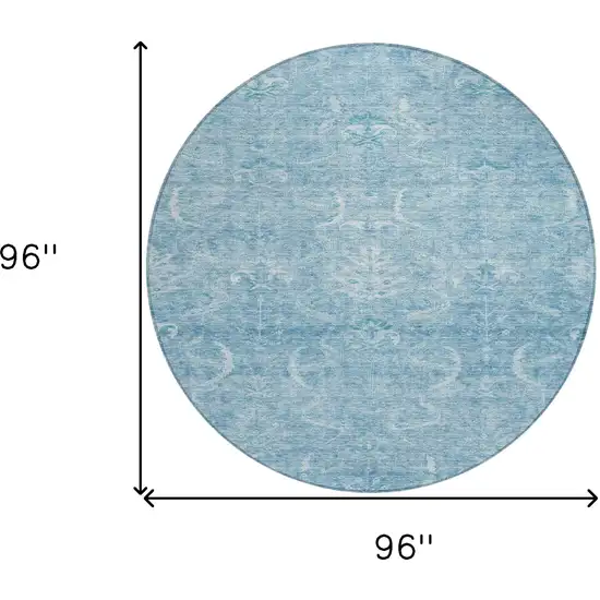 8' Sky Blue And Ivory Round Damask Washable Indoor Outdoor Area Rug Photo 8
