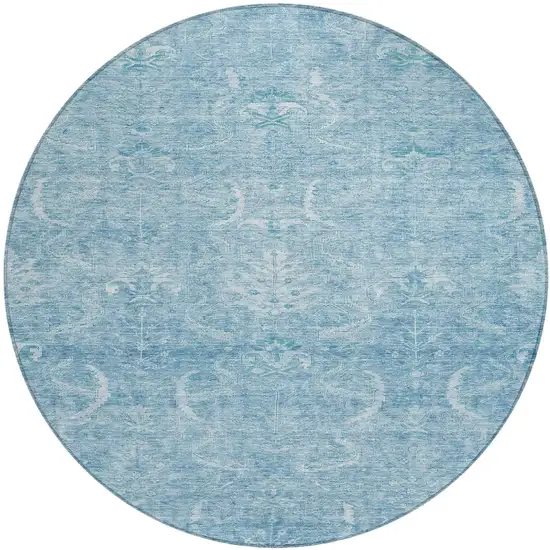 8' Sky Blue And Ivory Round Damask Washable Indoor Outdoor Area Rug Photo 2
