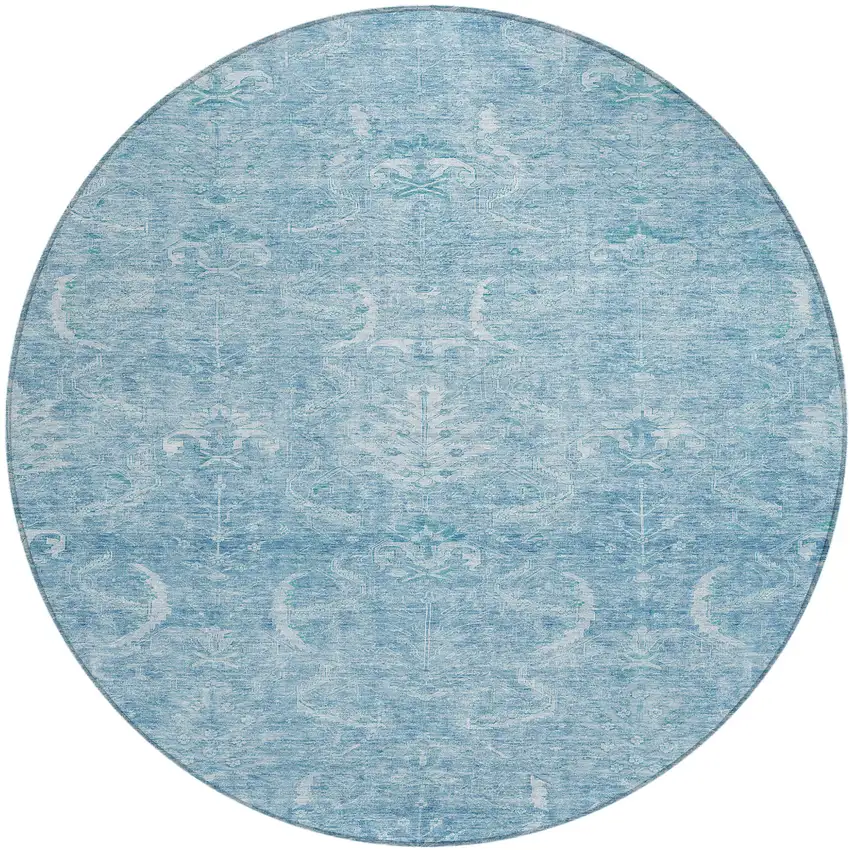 8' Sky Blue And Ivory Round Damask Washable Indoor Outdoor Area Rug Photo 2