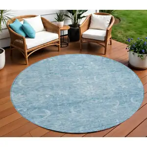 Photo of 8' Sky Blue And Ivory Round Damask Washable Indoor Outdoor Area Rug